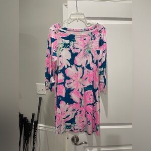 Lilly Pulitzer Navy and Pink Floral Long-Sleeve Boatneck Dress